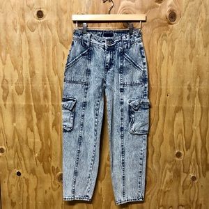 High Waist Cargo Denim Acid Wash Jeans